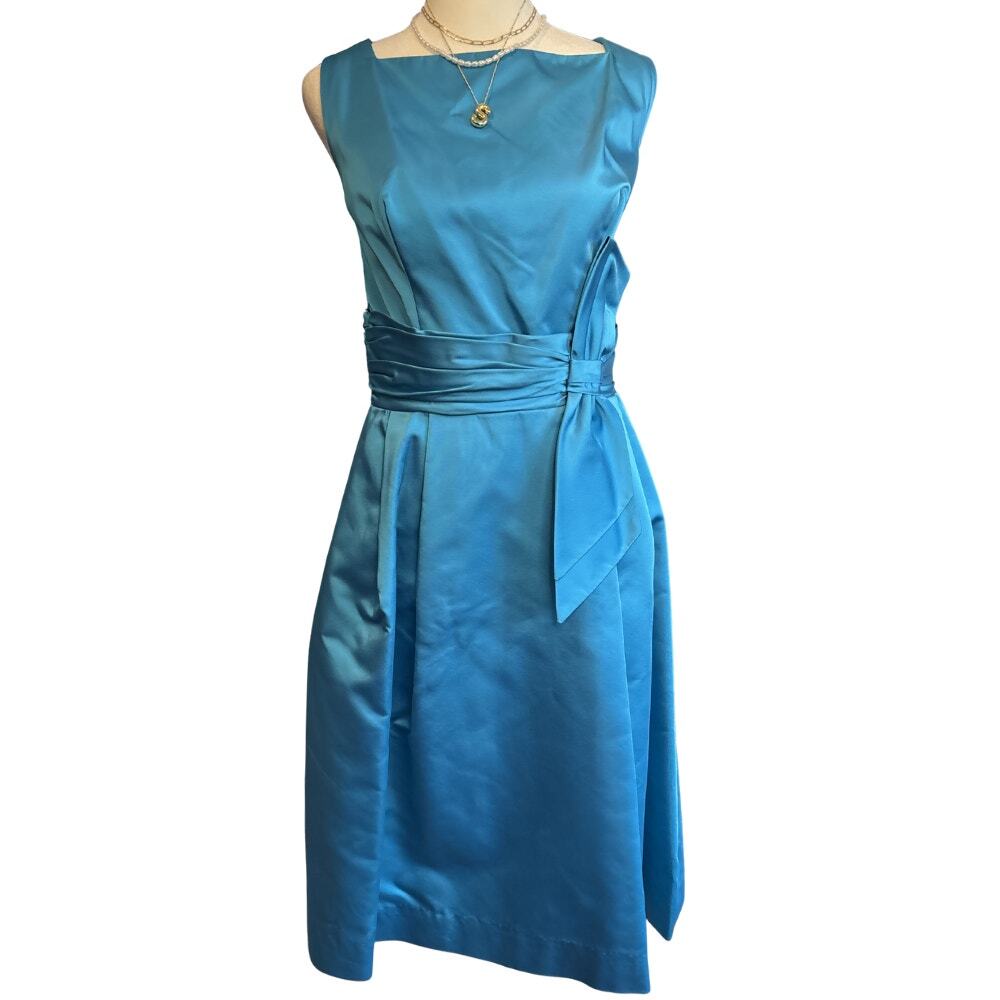 Lord & Taylor Fifth Avenue Vintage Satin Midi Dress Teal Blue 1950s Small
